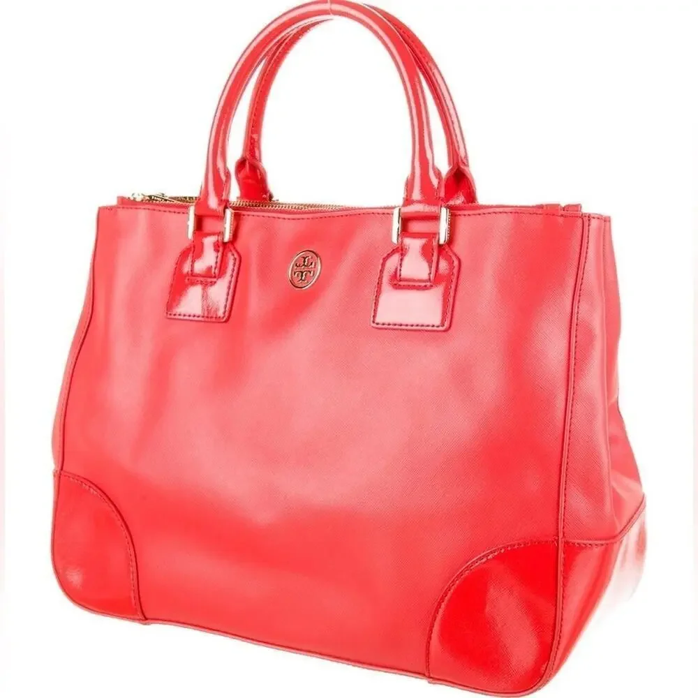 Tory Burch RED Robinson Double Zip Tote with cross body EUC